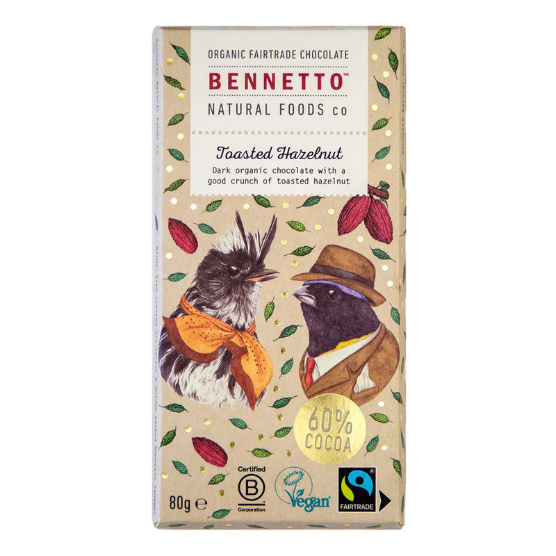 Bennetto Natural Foods Co Toasted Hazelnut Dark Chocolate Block 80g