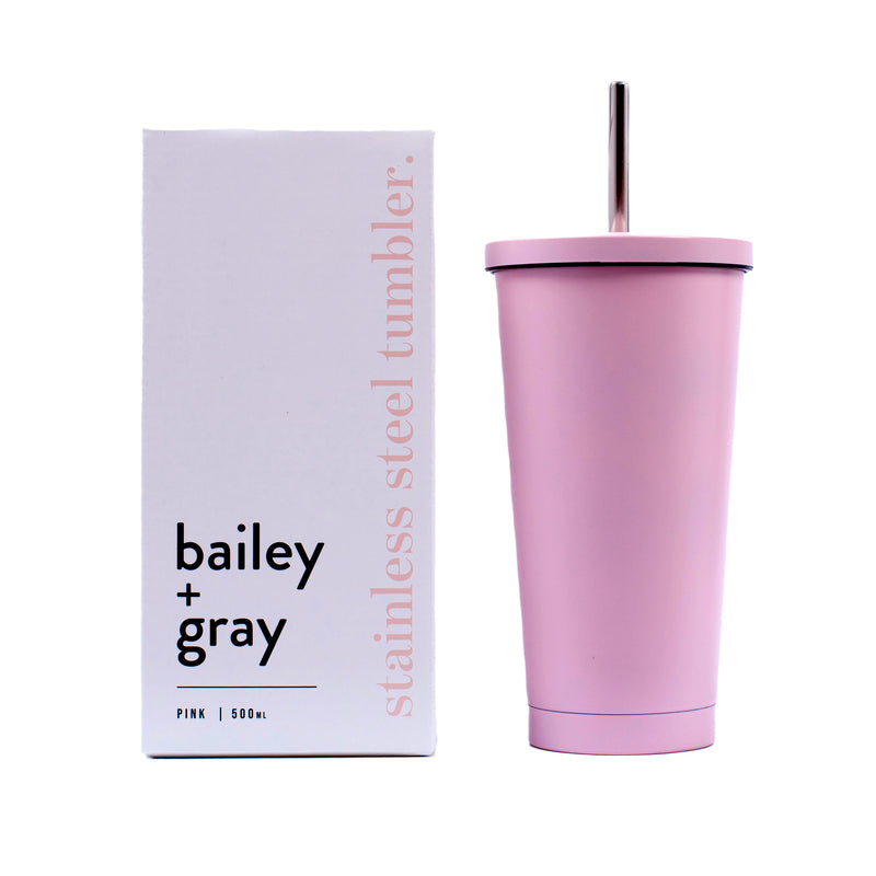 Bailey + Gray Stainless Steel Tumbler with Straw 500ml Pink