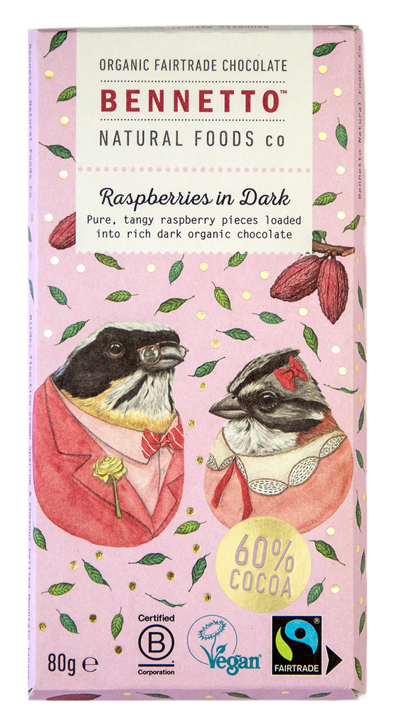 Bennetto Natural Foods Co Raspberries in Dark Chocolate Block 80g
