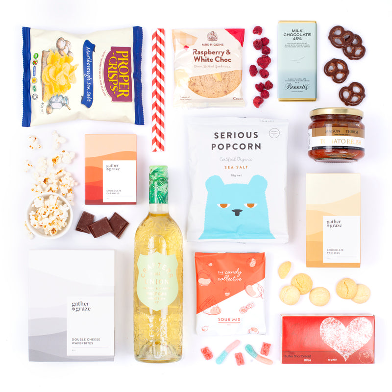 The Appreciation Gift Box - Pinot Gris, Popcorn, Mrs Higgins, Proper Crisps, Relish, Chocolate and Cookies