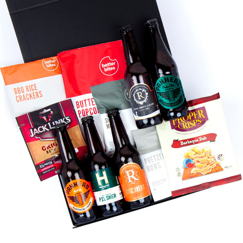 The Craft Beer Lover Gift Box - APA, XPA, Pilsner & Lager Craft Beers and Crackers, Popcorn, Beef Jerky, Crisps and Pretzels Hamper