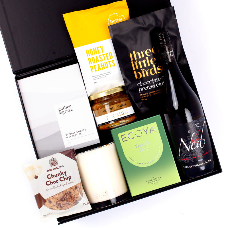 The House Warming - ECOYA French Pear Madison Candle, Sauvignon Blanc and Snacks Gift Box