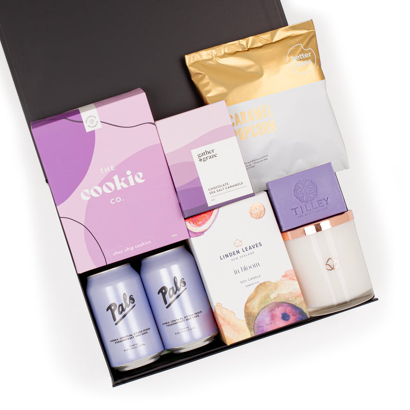 The Perfect Pals - Purple Pals Cans plus a Linden Leaves Soy Candle, Tilley Soap and Snacks Gift Box