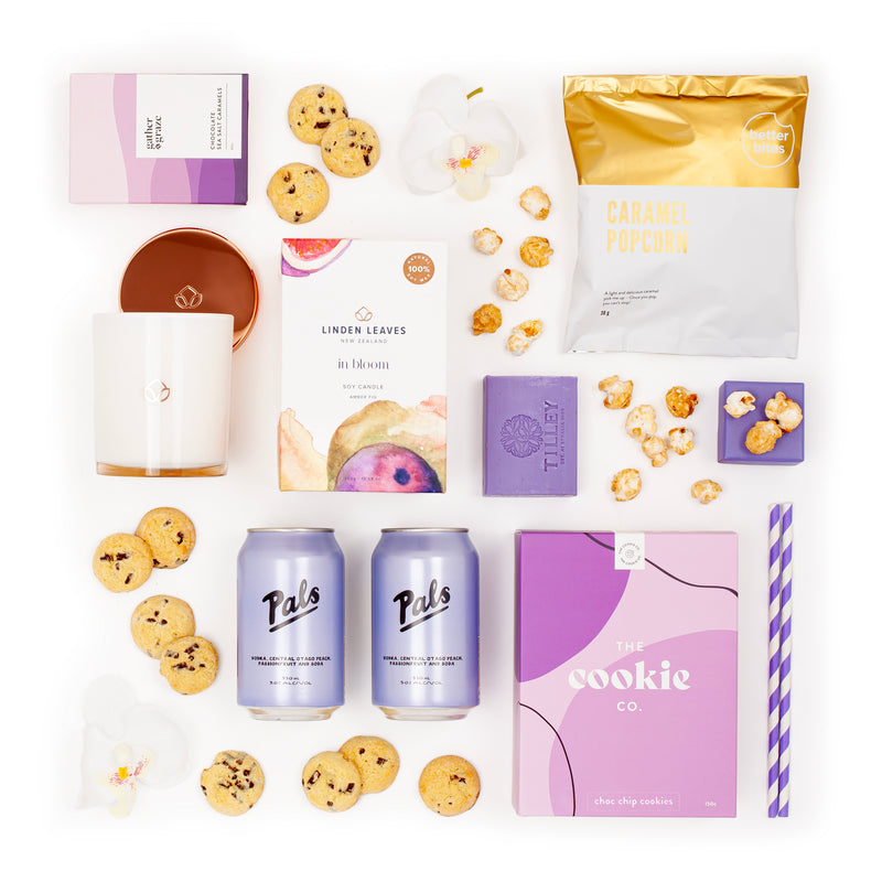 The Perfect Pals - Purple Pals Cans plus a large Linden Leaves Candle, Tilley Soap and Snacks Gift Hamper
