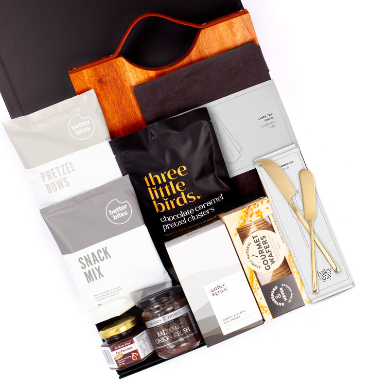 The Platter Perfection Wooden Platter, Chocolate, Crackers & Savoury Snacks Housewarming Gift Basket