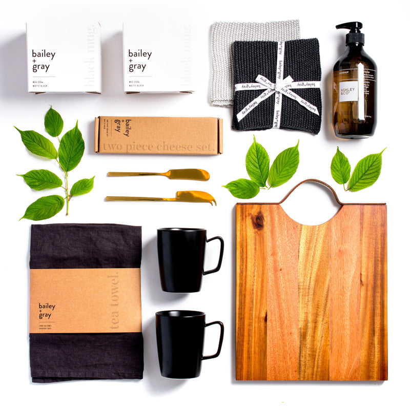 Wooden Board, Mugs, Linen Tea Towel, Ashley & Co Housewarming Gift Hamper