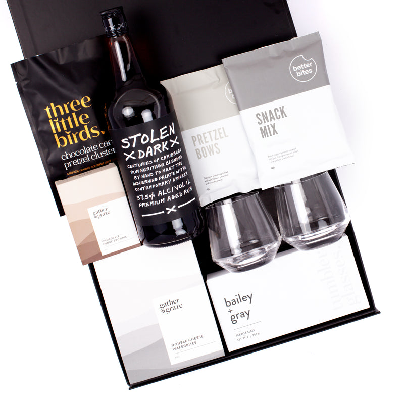 The Rum Rumble - Stolen Rum, Glasses, Fudge Brownie & Pretzels, Snack Mix, Waferbites Gift Box