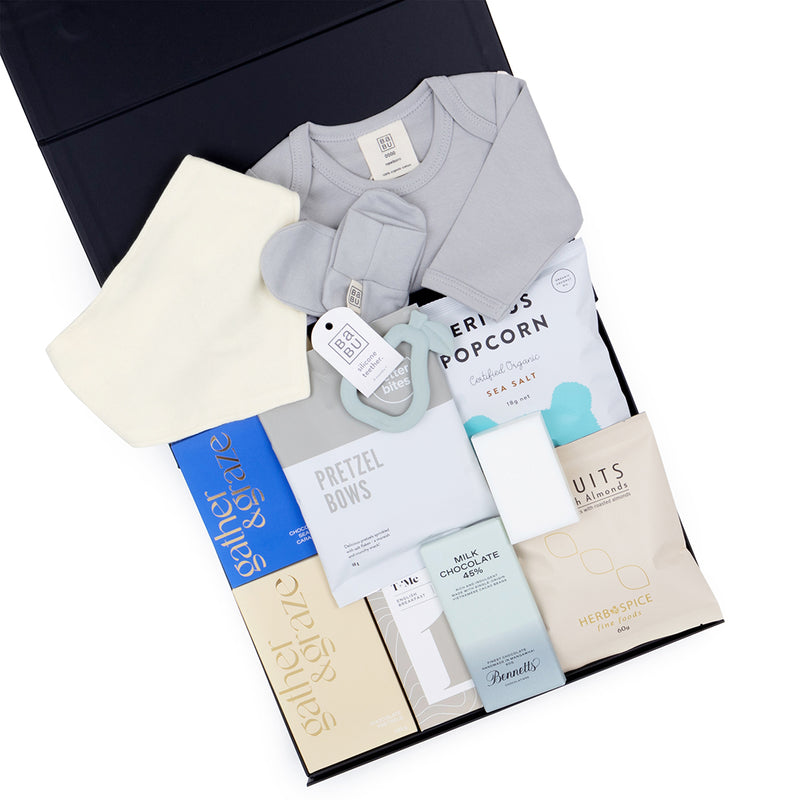 Luxury Baby Boy Gift Hamper with Blue Bodysuit, Chocolate, and Tea