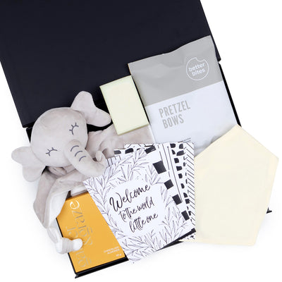Gender Neutral Baby Gift Box with Bib, Soap, and Chocolate Almonds