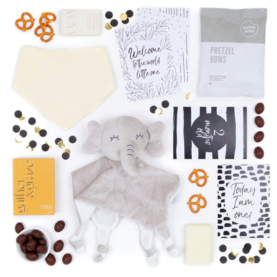 The Welcome, Baby Gift Box with Elephant Comforter and Milestone Cards – Giftbox Boutique NZ