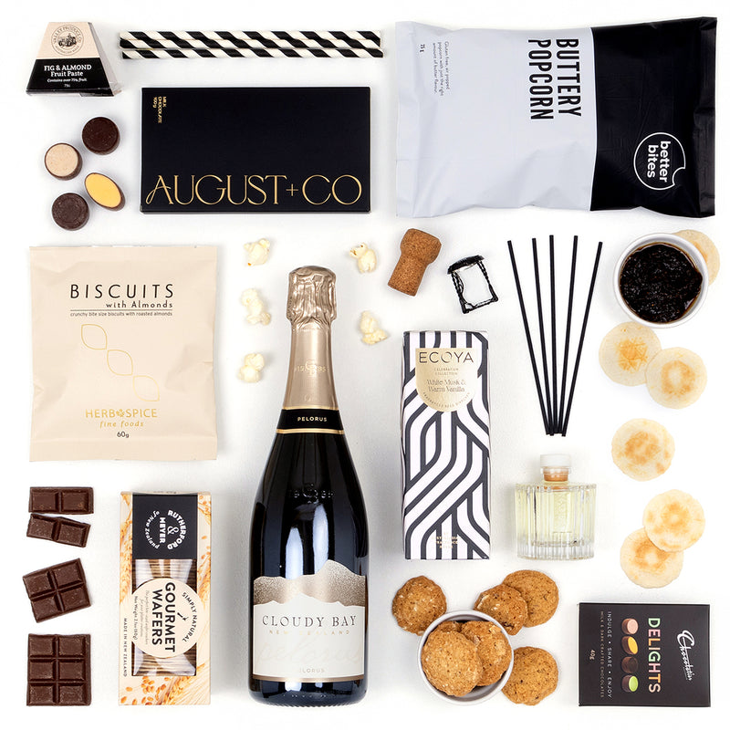 This luxurious hamper pairs Cloudy Bay Pelorus NV with an ECOYA Celebration Mini Diffuser and smooth artisan chocolates, making it an unforgettable gift for anniversaries, milestones, or corporate celebrations.