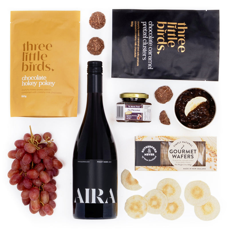 Collage of a bottle of AIRA wine, grapes, and various snacks including &